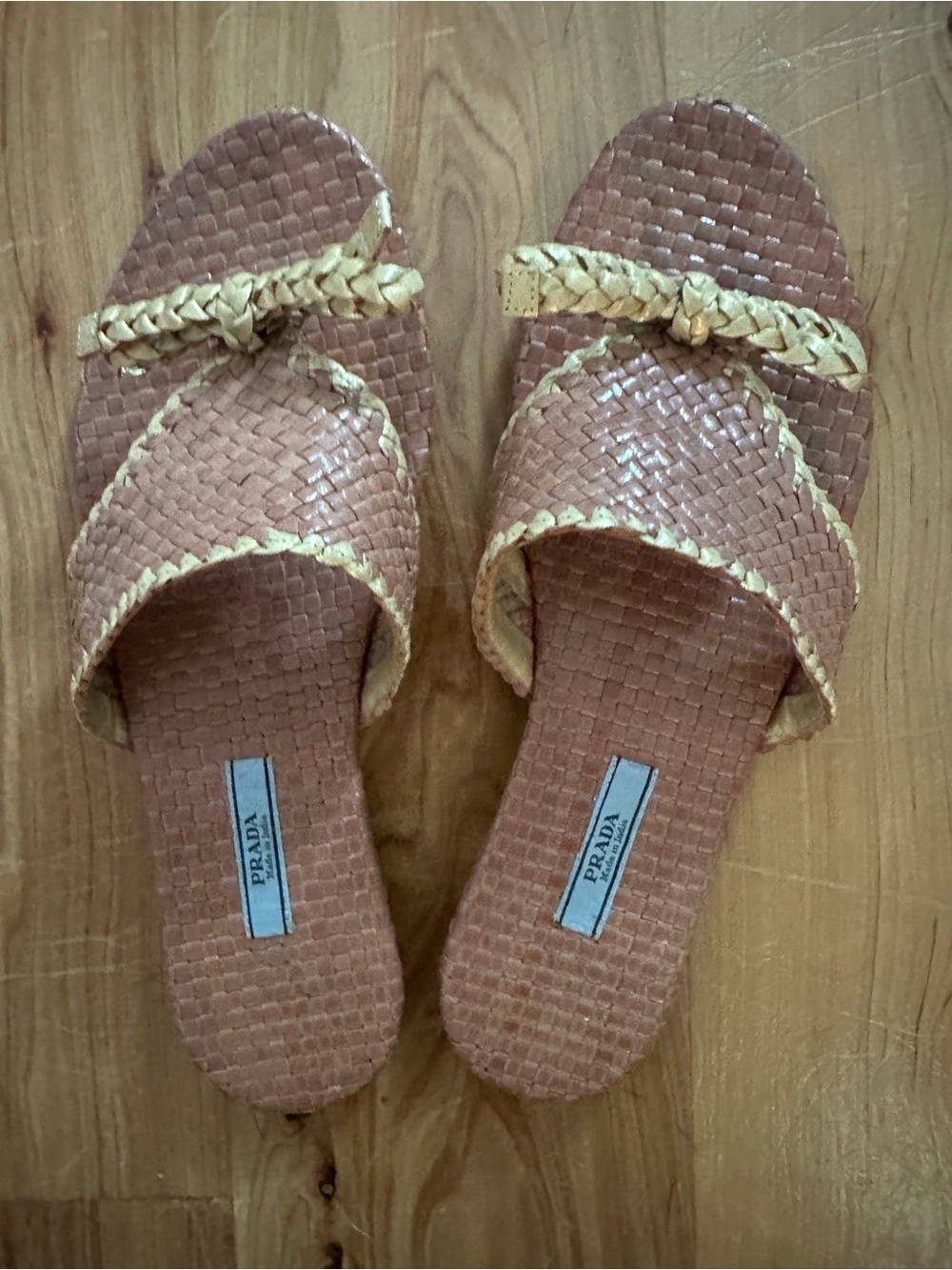 Prada Braided Woven Slide Sandals in Tan and Cream